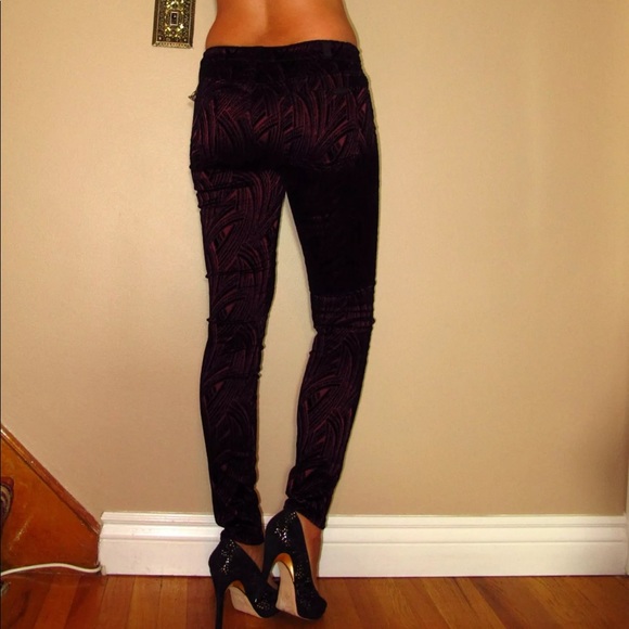 7 For All Mankind Skinny Flocked Burnt Velvet Pants size 24 25 26 27 Blue New - Picture 6 of 8